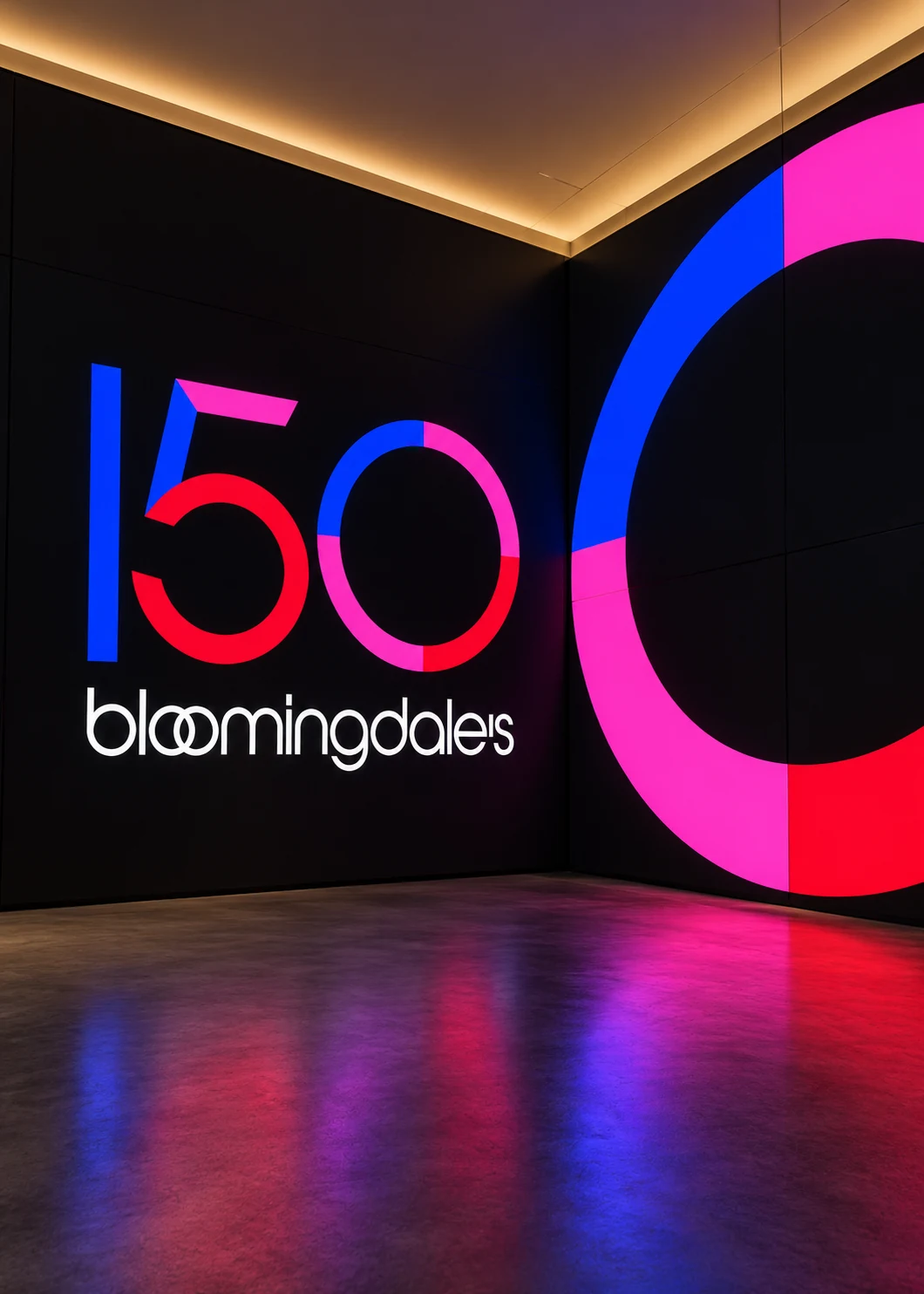 Bloomingdale's, les 150 ans : le chiffre 150 en bleu, rouge et rose et le logo de la maison sur les murs sombres du Carousel