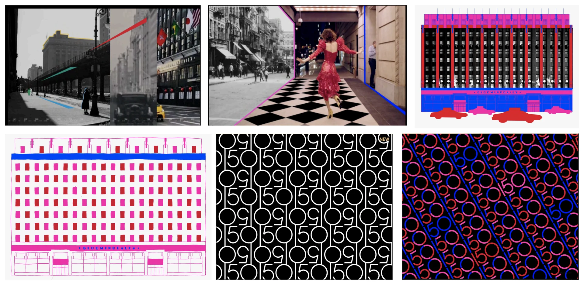 Bloomingdale's, capsule des 150 ans : planche d'ambiance, archives de New York en noir et blanc rehaussées de couleur, façade du magasin en rose, rouge et bleu, motifs du chiffre 150