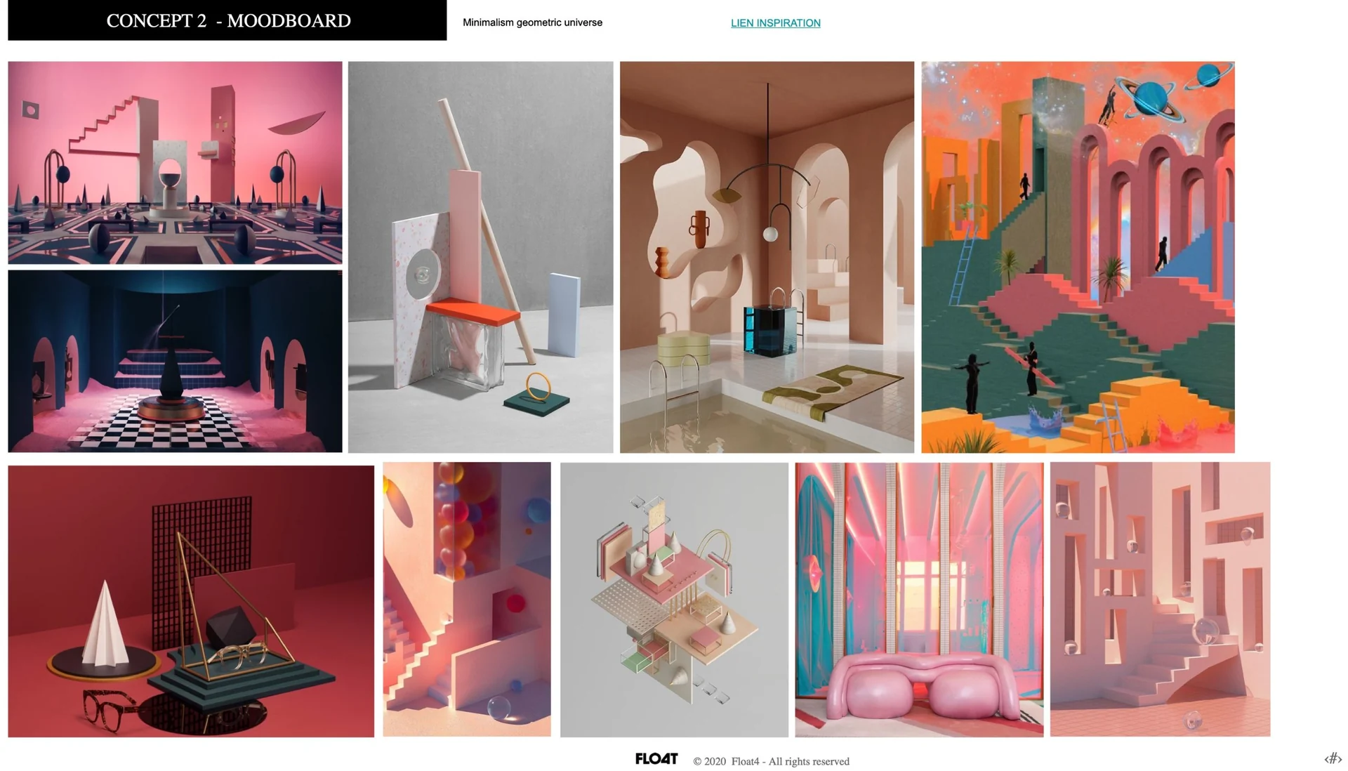Bloomingdale's, planche « Concept 2 » de Float4 : un univers géométrique et minimaliste, escaliers, arches et volumes roses, lunettes posées sur des socles