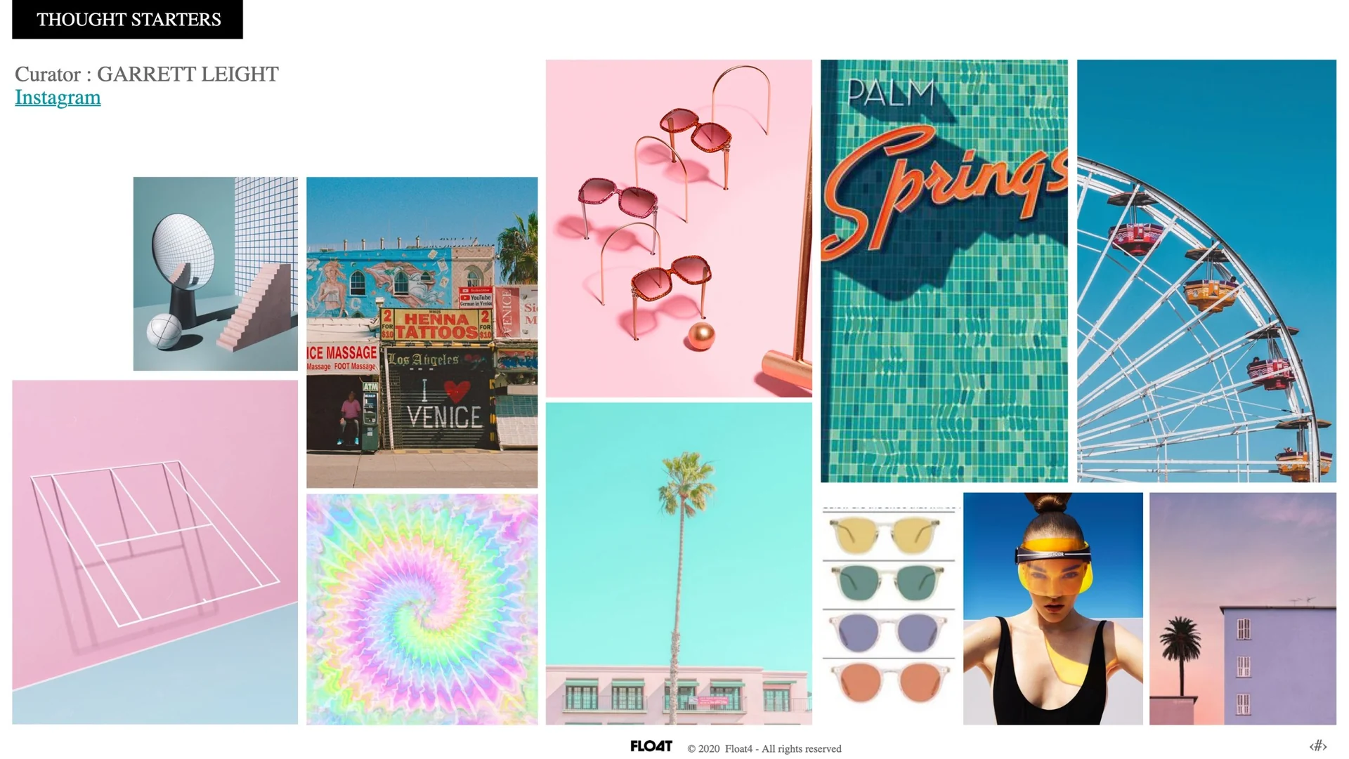 Bloomingdale's, planche « Thought starters » de Float4 pour la capsule de Garrett Leight : façade de Venice Beach, lunettes roses sur fond rose, enseigne Palm Springs, grande roue, palmier et nuancier de verres