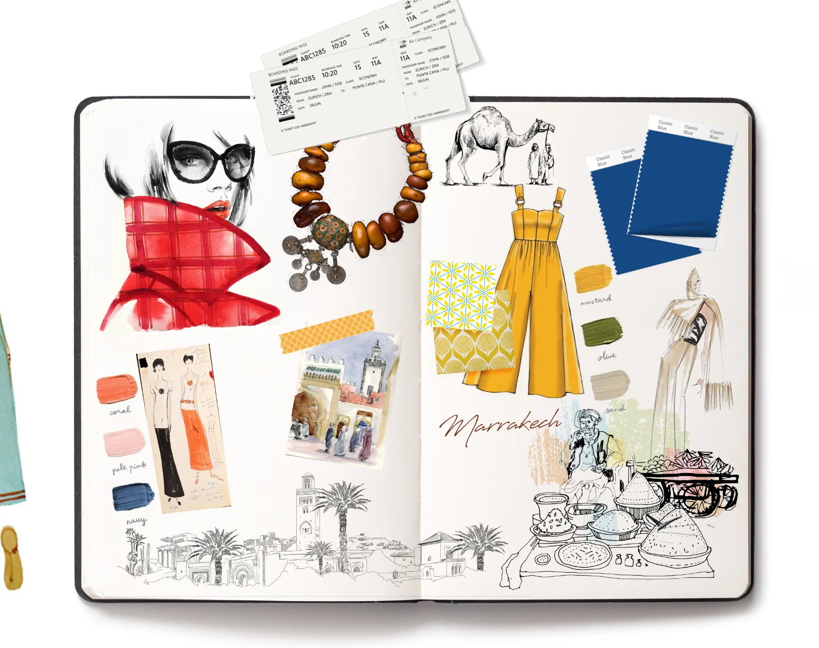 Bloomingdale's, carnet d'ambiance Marrakech : croquis de mode, collier d'ambre, chameau, combinaison moutarde, nuances de couleur, médina et marché aux épices dessinés à l'encre