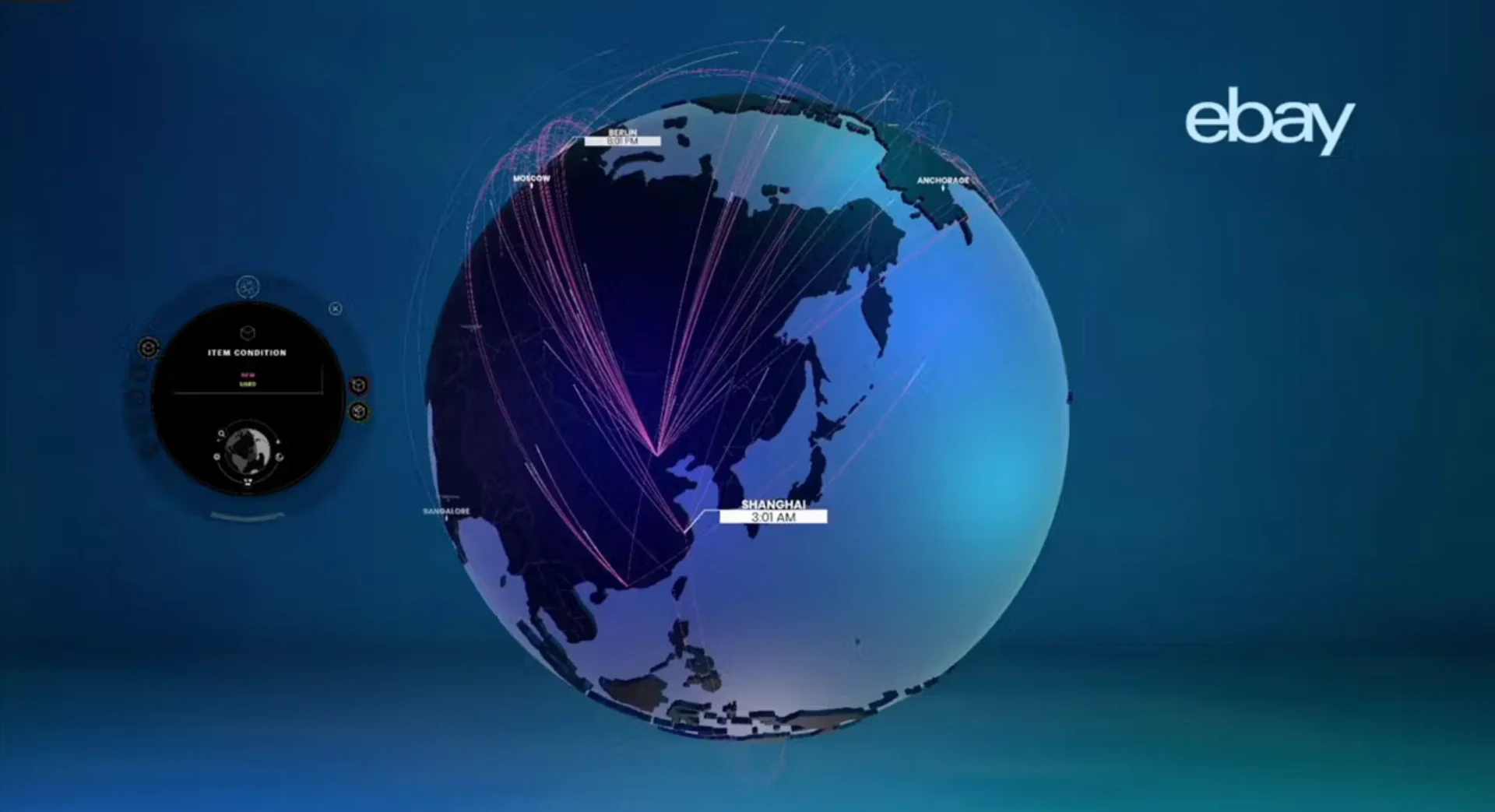 eBay Earth : le globe et ses lignes de transactions au-dessus de l'Asie, le menu de navigation à gauche