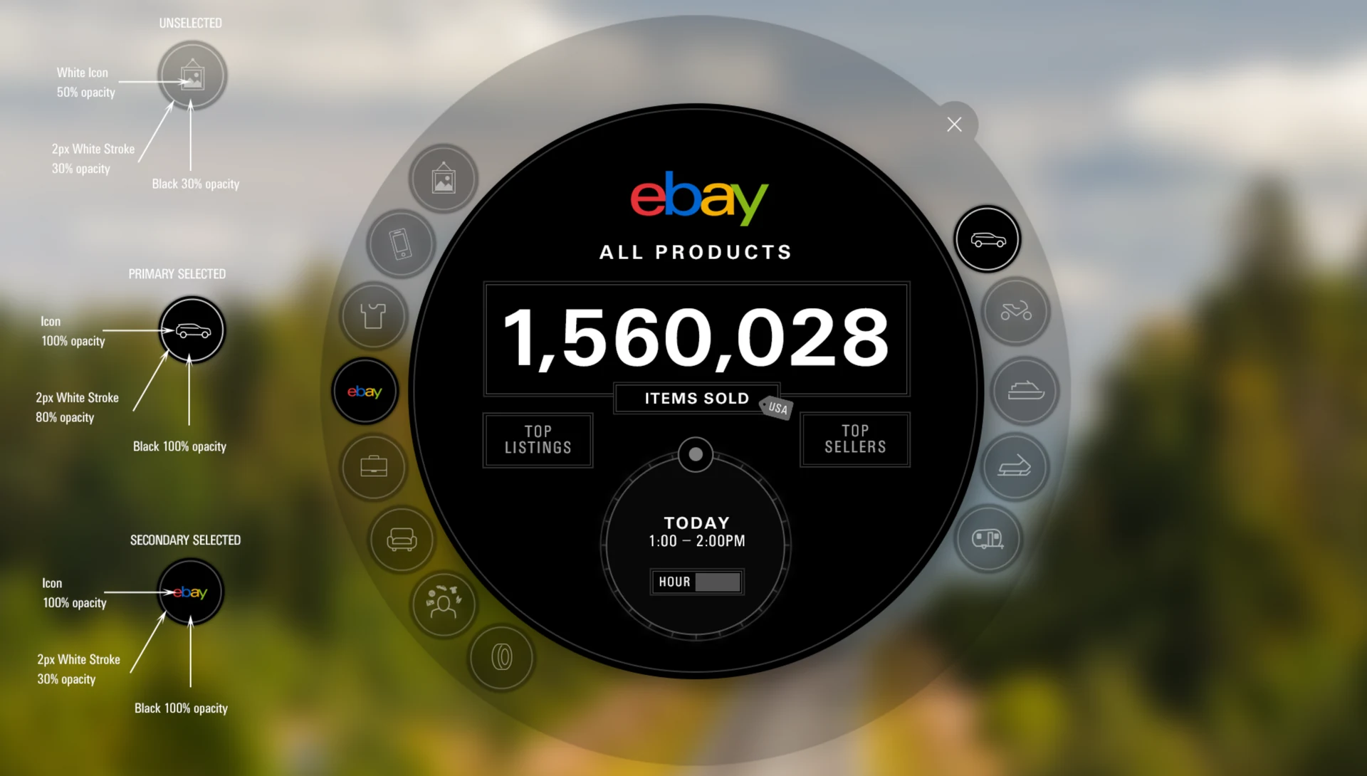 eBay Earth : le menu de navigation circulaire et la spécification de ses états, non sélectionné, sélection principale et secondaire
