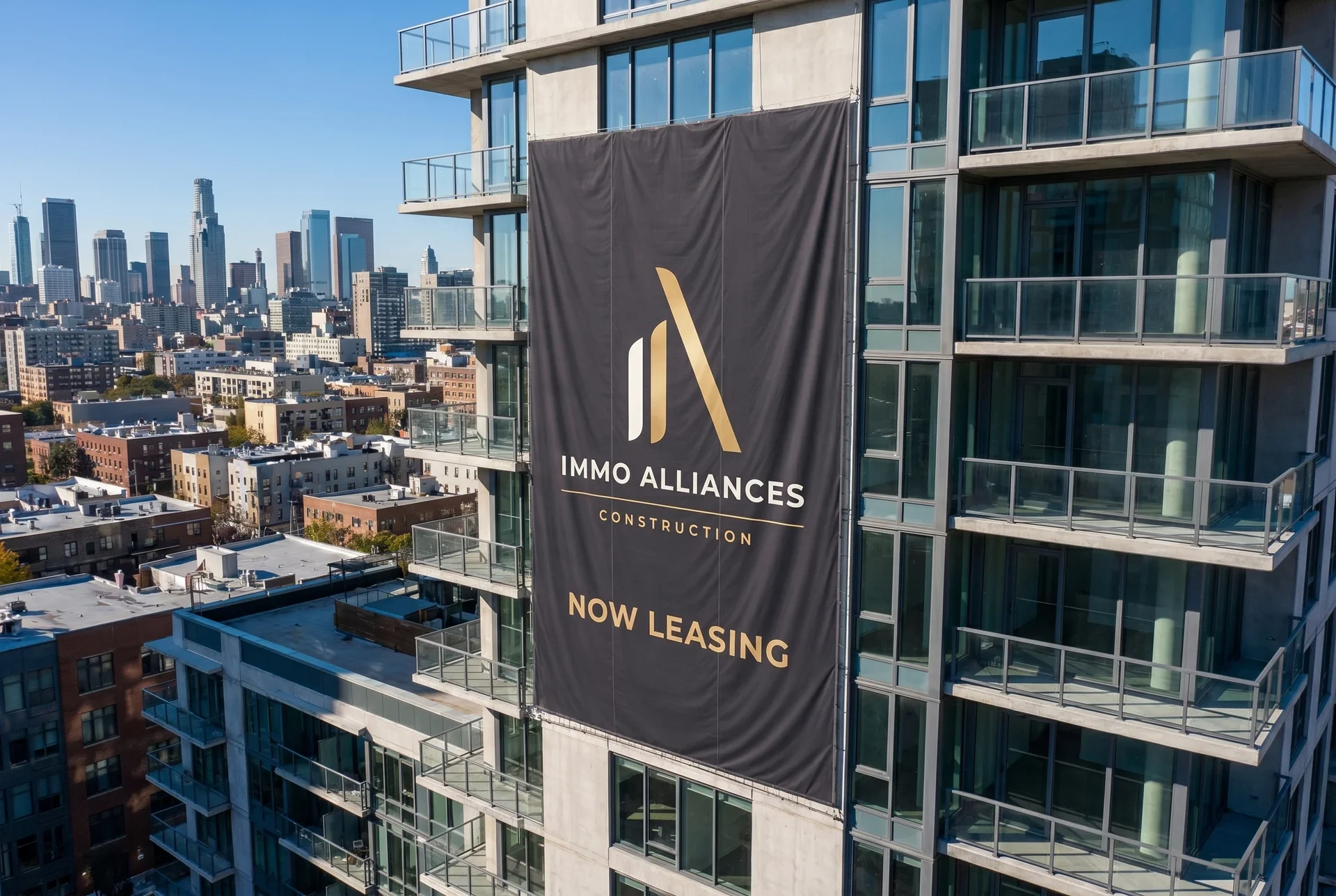 Immo Alliances Construction : bâche géante au logo sur la façade d'un immeuble, « Now leasing »