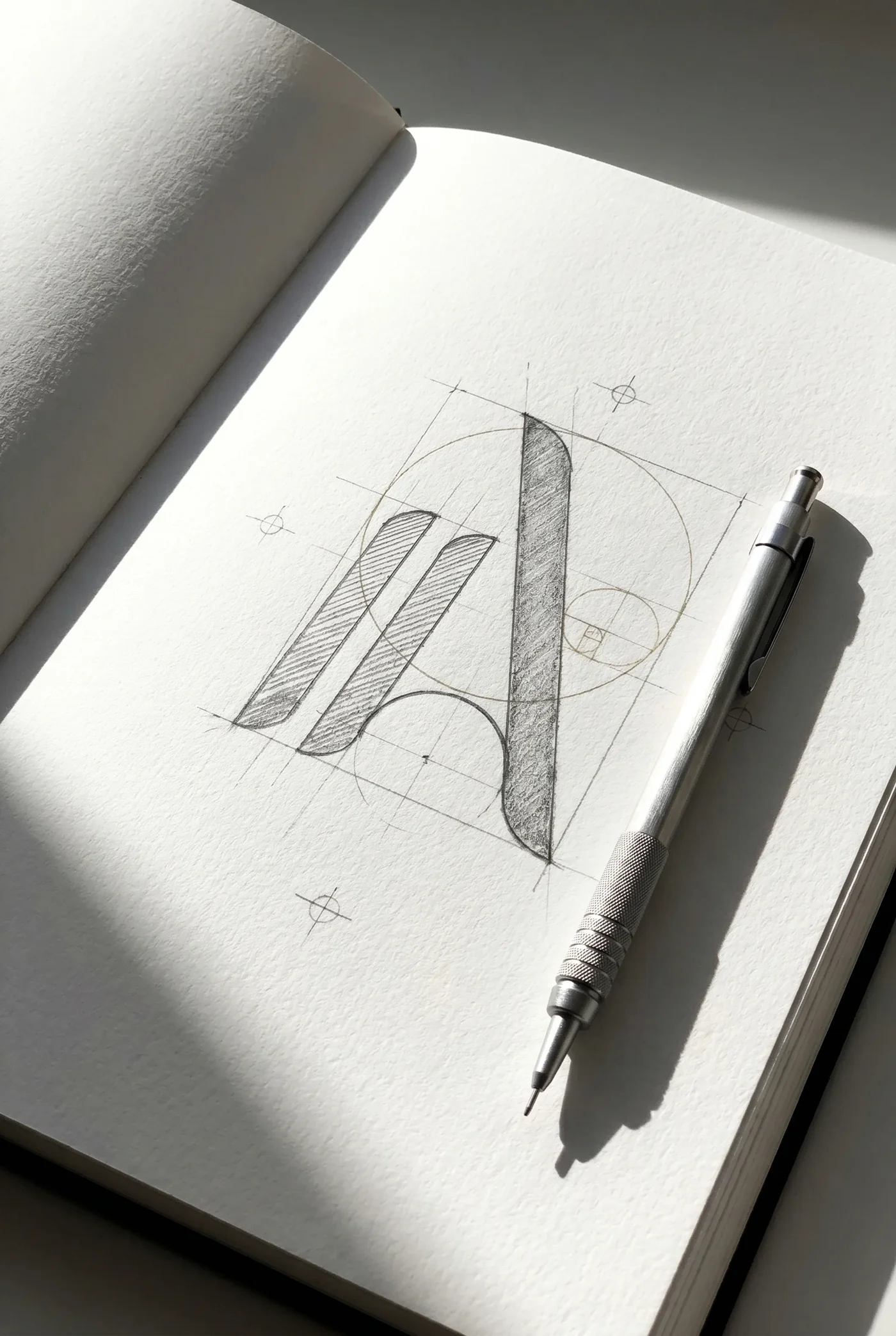Immo Alliances : construction du monogramme au crayon dans un carnet, cercles et lignes de rappel, un porte-mine posé à côté