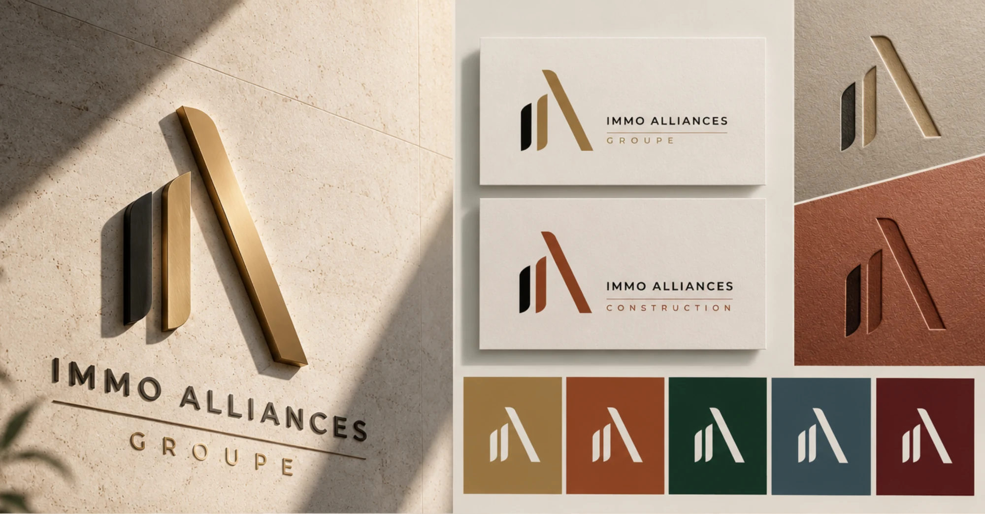Immo Alliances : planche du système, plaque de laiton sur pierre, cartes Groupe et Construction, gaufrages, et le monogramme sur les cinq couleurs des entités