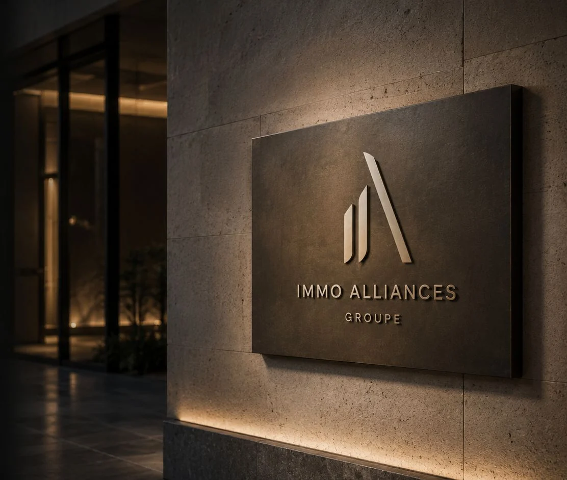 Immo Alliances Groupe : plaque de bronze au logo sur un mur de pierre, éclairée par le bas