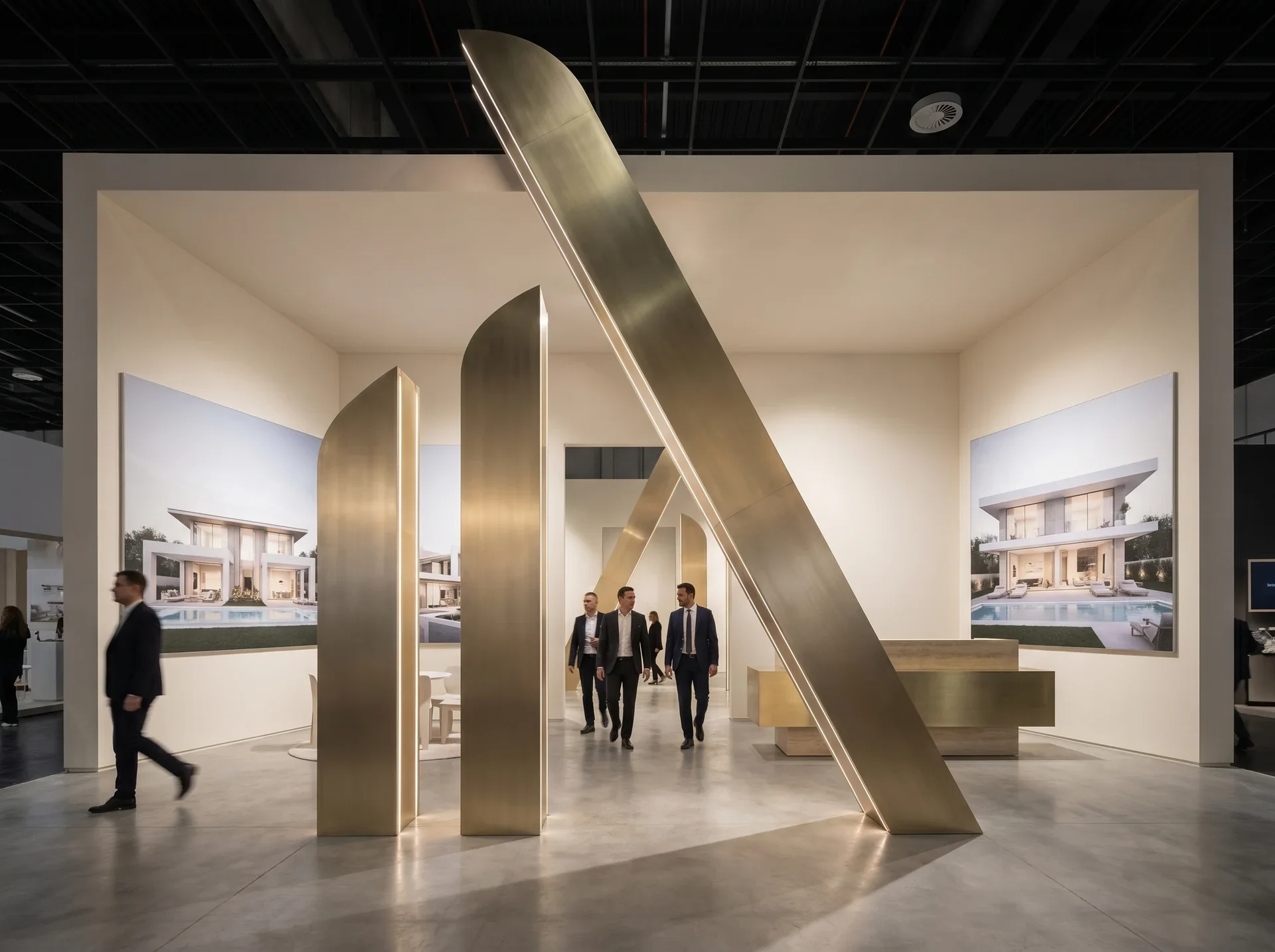 Immo Alliances : stand de salon, le monogramme en grands piliers de laiton éclairés, visiteurs en costume