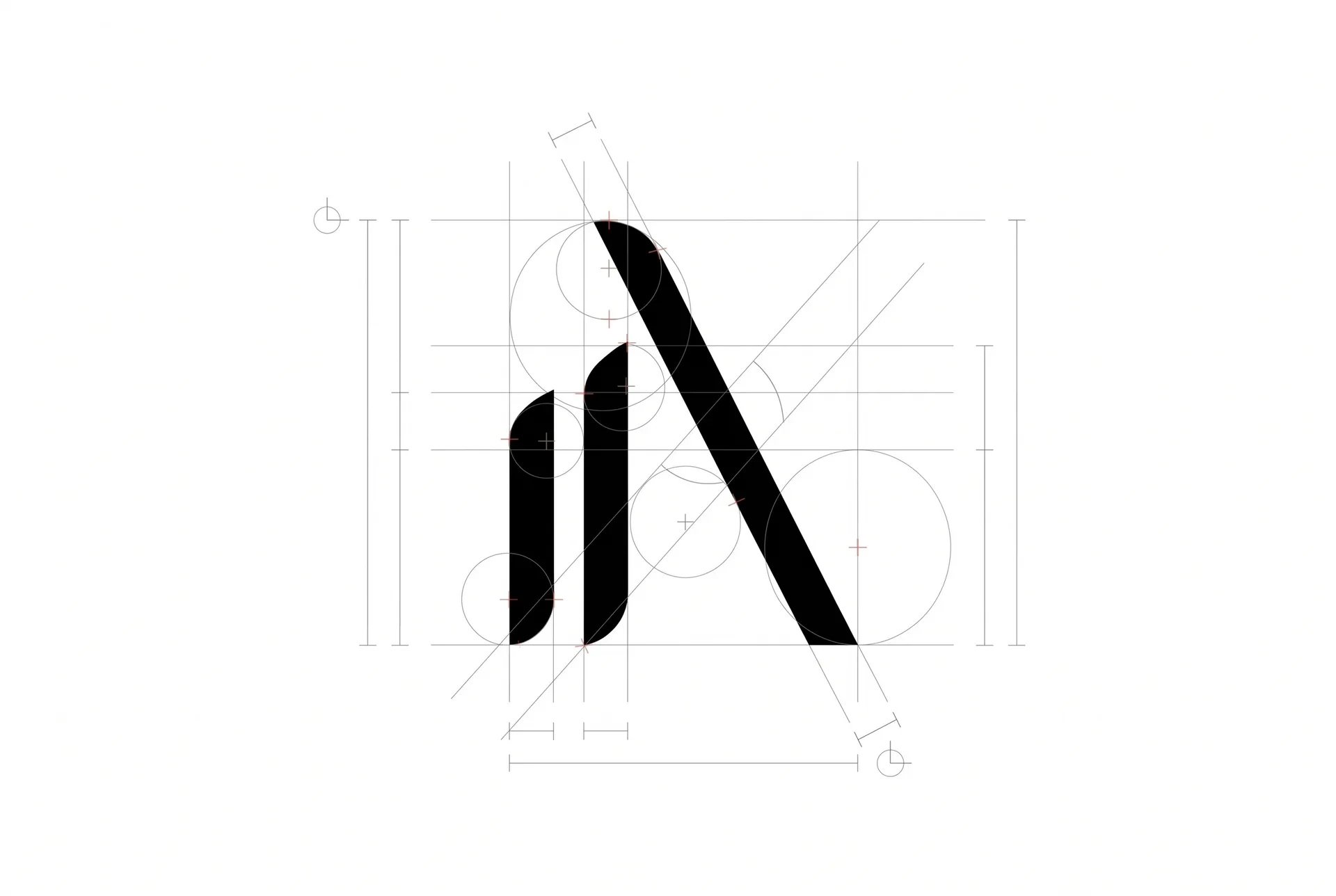 Le nouveau monogramme d'Immo Alliances et son tracé régulateur : cercles, axes et cotes autour du signe noir