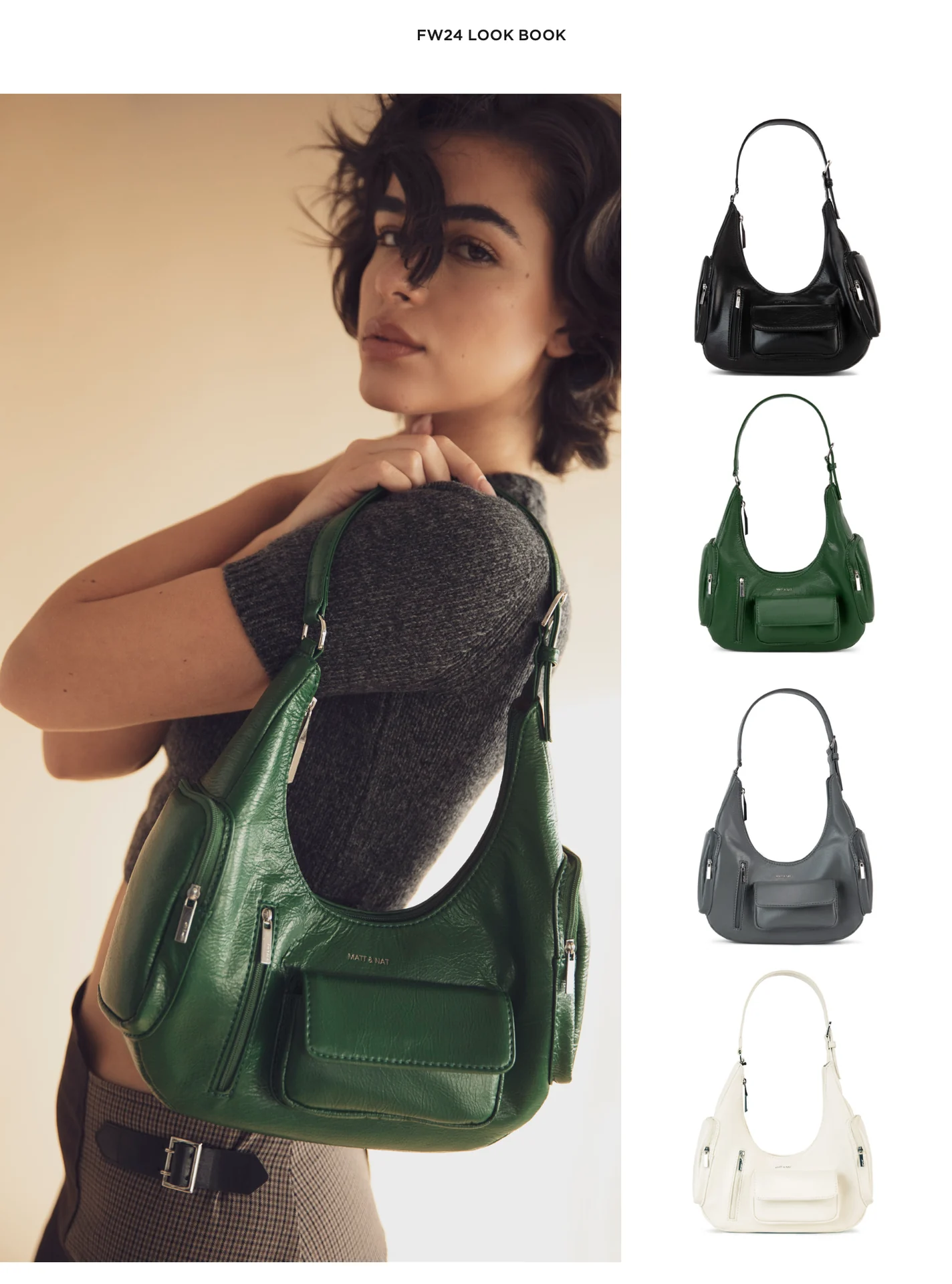 Matt & Nat, look book automne-hiver 2024 : le sac vert porté à l’épaule, et ses quatre coloris