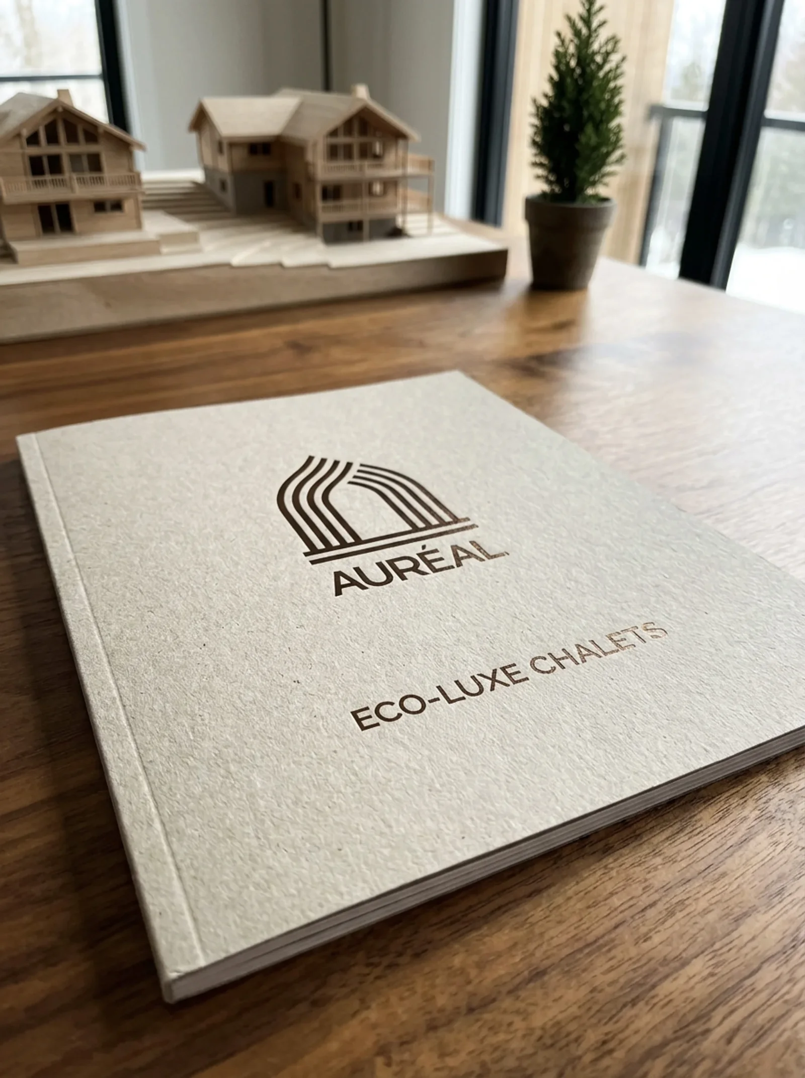 Auréal : la brochure des chalets, couverture de carton gris et signe bronze, des maquettes de maisons en arrière-plan