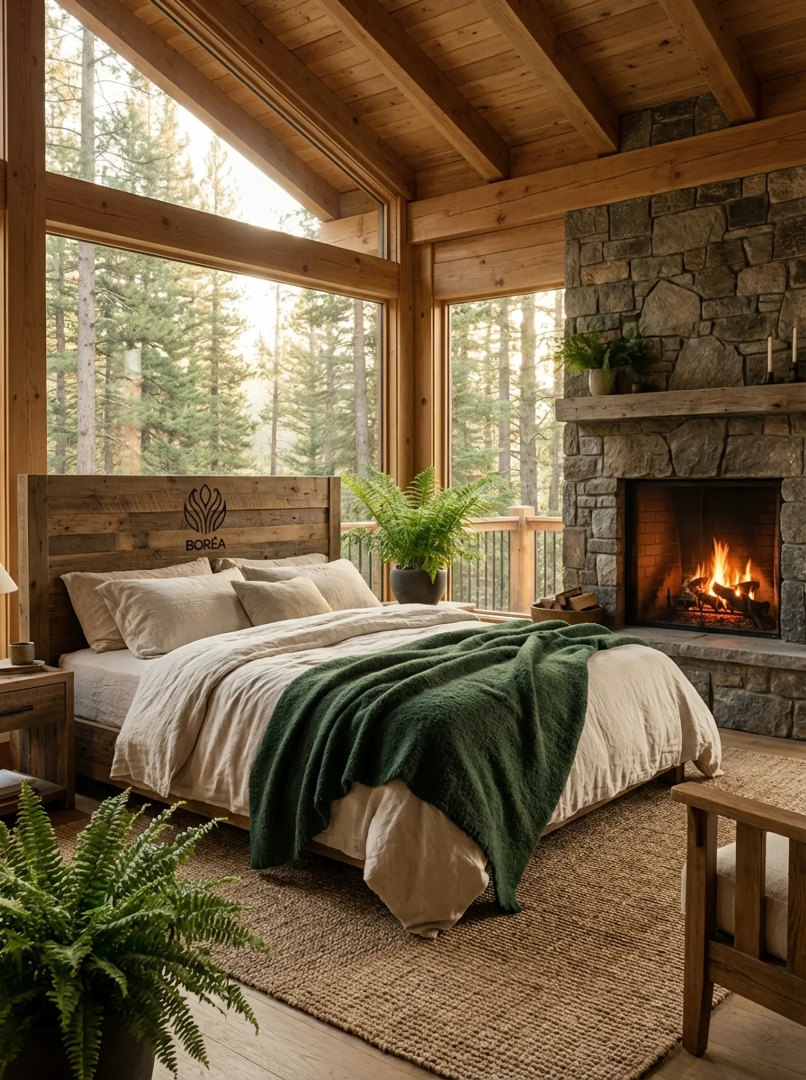 Boréa : une chambre en bois, le signe gravé sur la tête de lit, un plaid vert sapin et une cheminée de pierre
