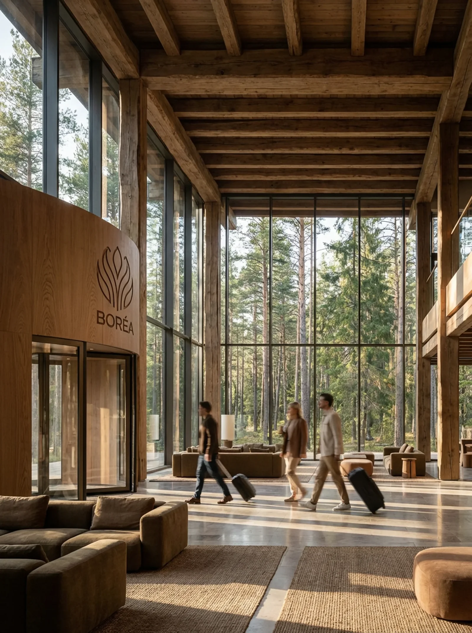 Boréa : le grand hall de bois et de verre, le signe gravé sur l'accueil en chêne, des voyageurs et leurs valises