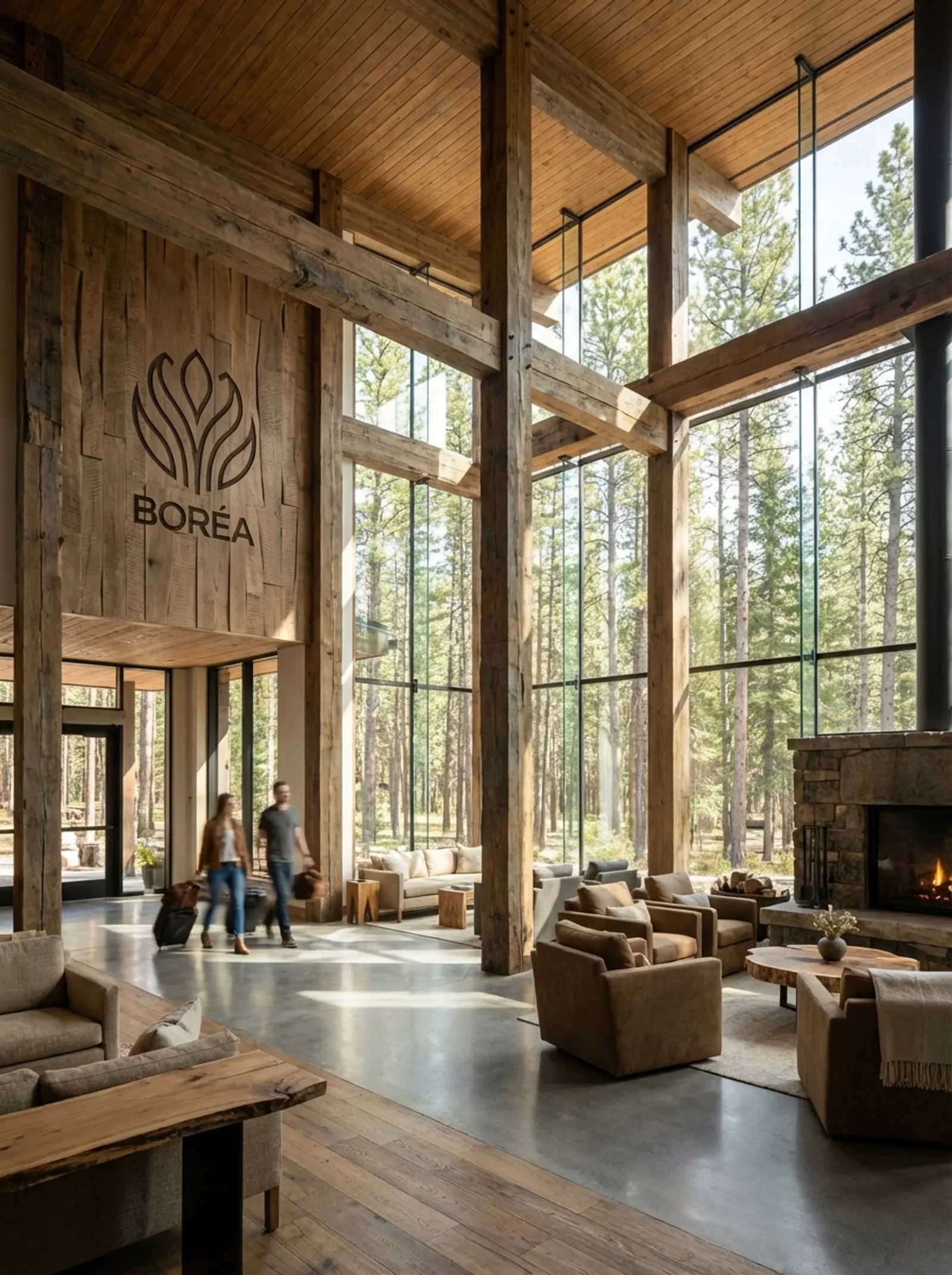 Boréa : le hall de l'hôtel, le signe et le nom gravés sur un grand mur de bois brut, des baies vitrées ouvertes sur la forêt