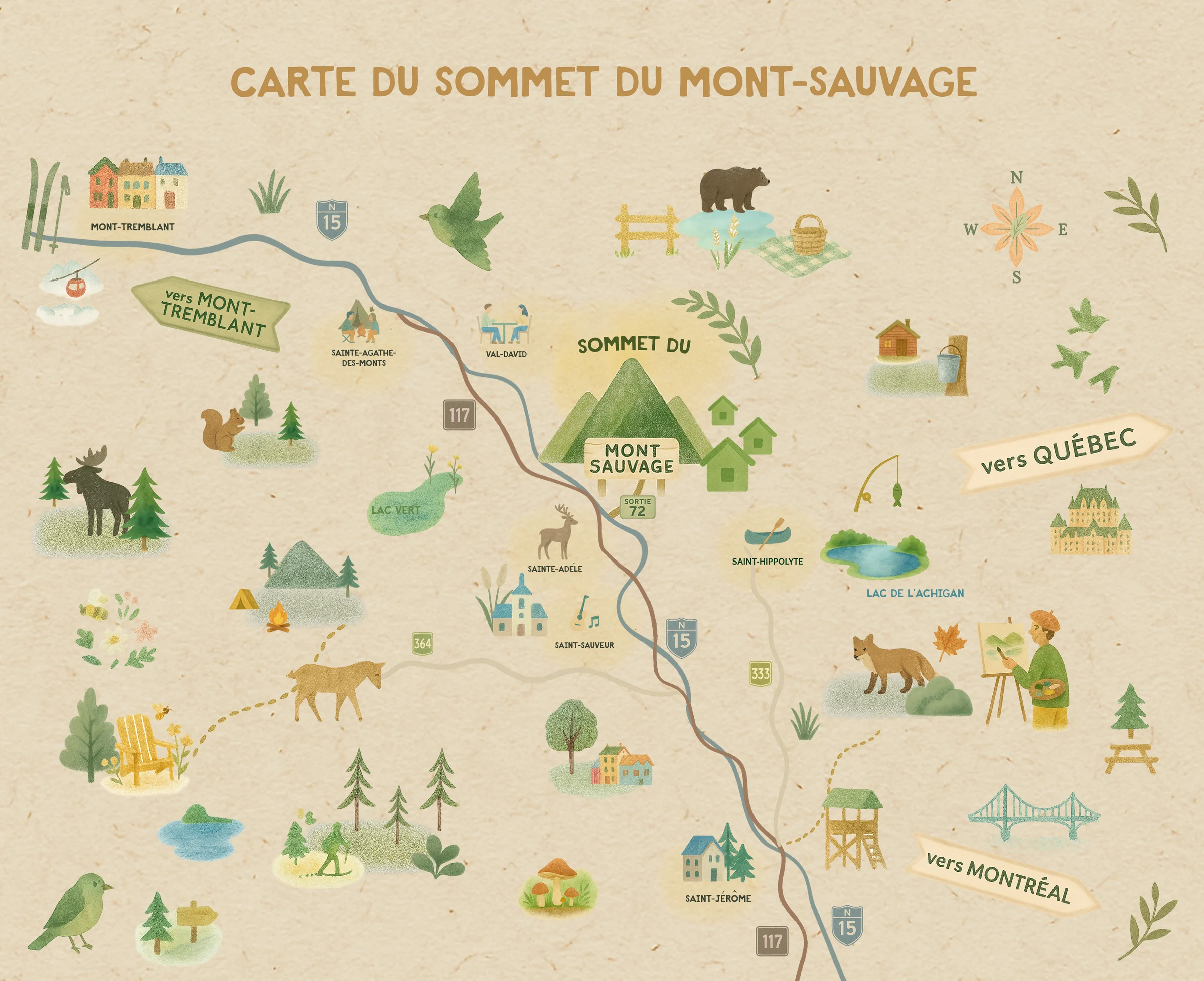 La carte illustrée du Sommet du Mont-Sauvage et de sa région : villages, lacs, routes, animaux et loisirs des Laurentides, de Mont-Tremblant à Saint-Jérôme