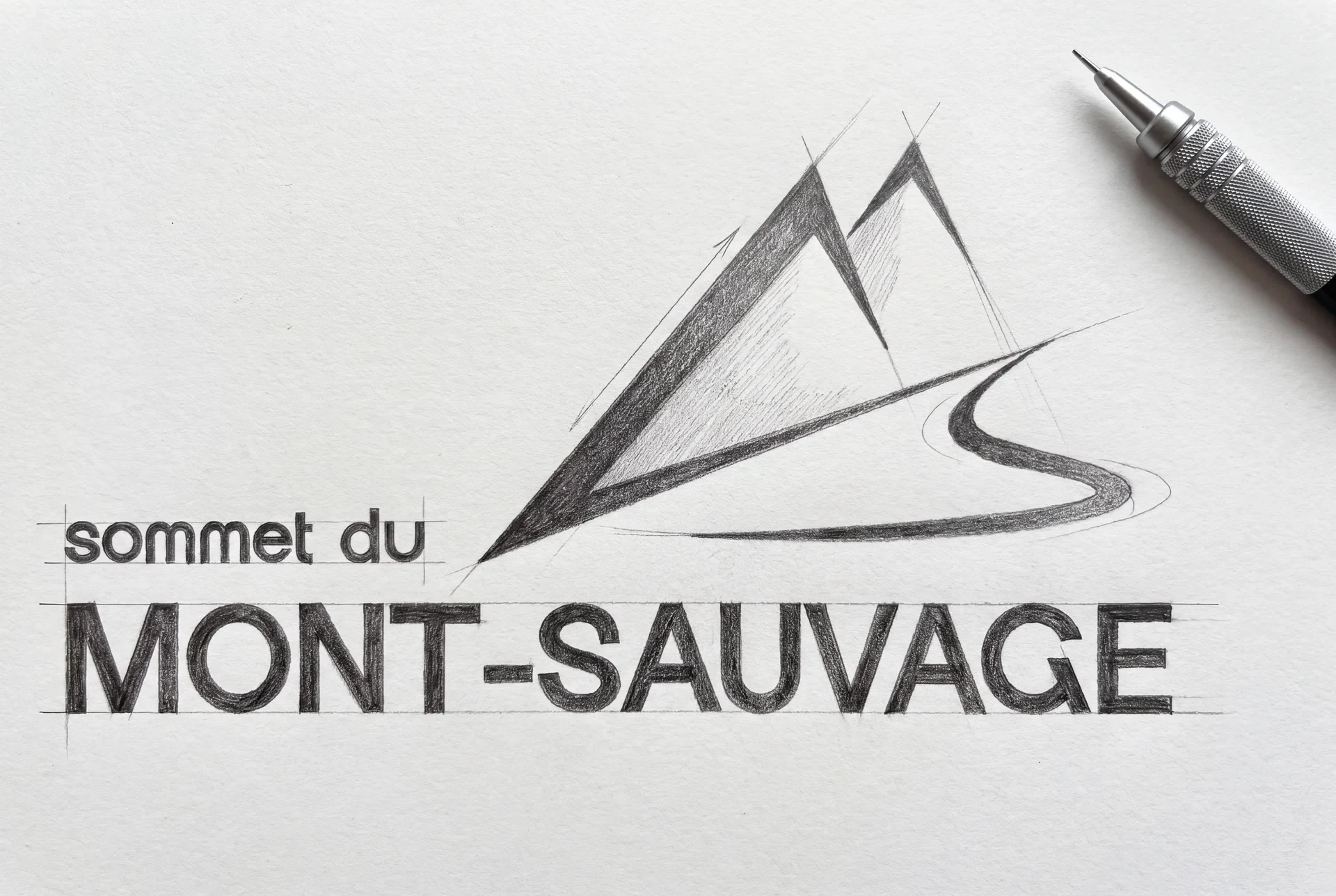 Le croquis du logo du Mont Sauvage au crayon : la montagne et le sentier, le nom tracé sur ses lignes de construction, un porte-mine posé sur la feuille