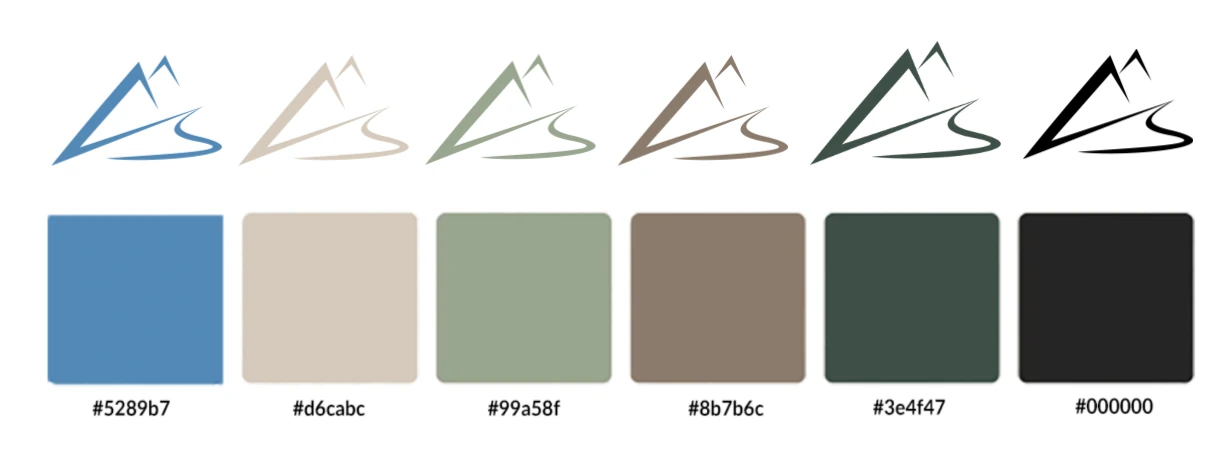 Le signe du Mont Sauvage décliné en six couleurs : bleu glacier, beige, vert sauge, brun, vert profond et noir, avec leurs nuanciers