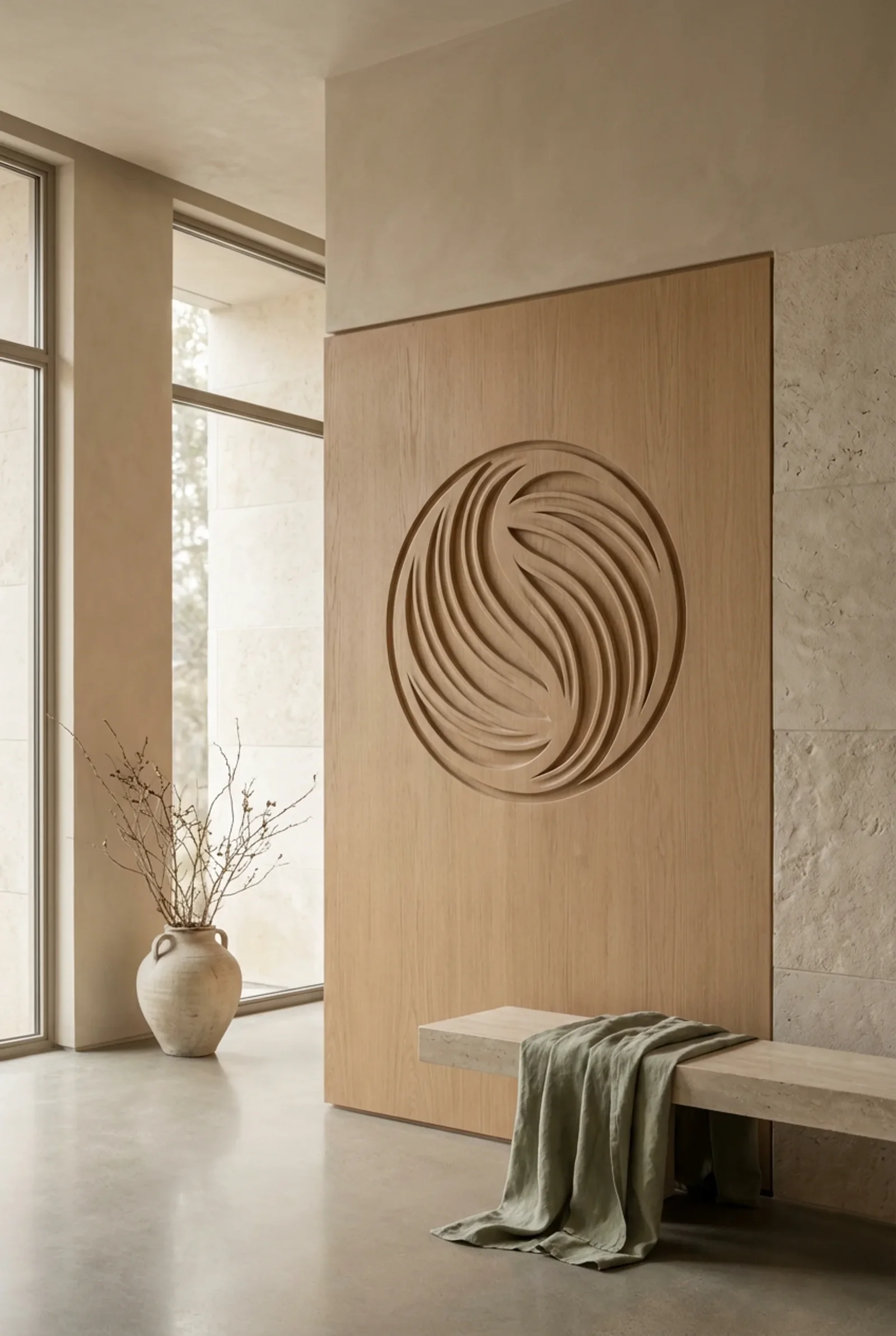 Sōma : le signe sculpté en grand dans un panneau de chêne, à l'entrée du spa, un banc de pierre et un lin vert sauge
