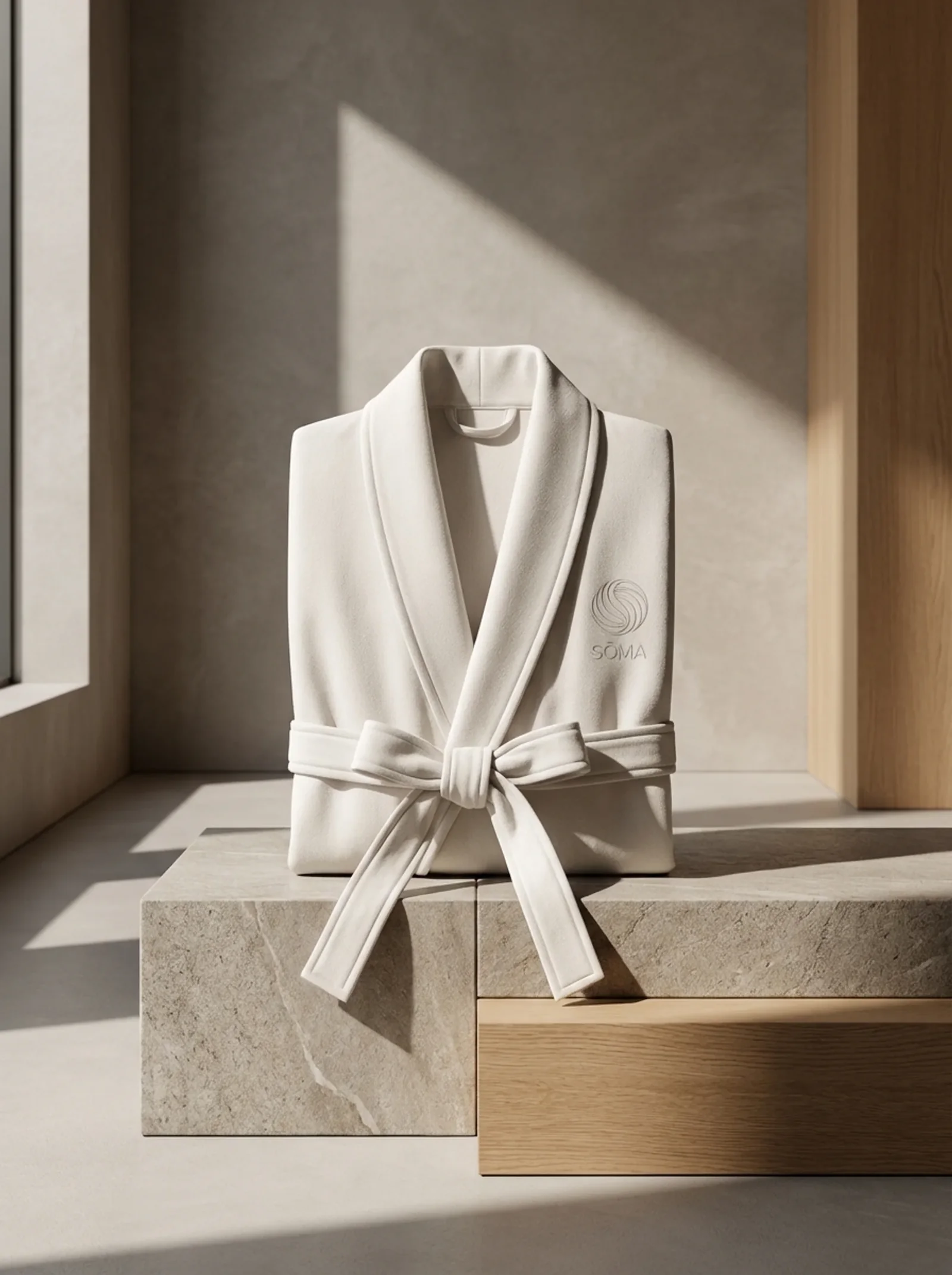 Sōma : le peignoir blanc brodé du signe, plié sur un bloc de pierre dans la lumière