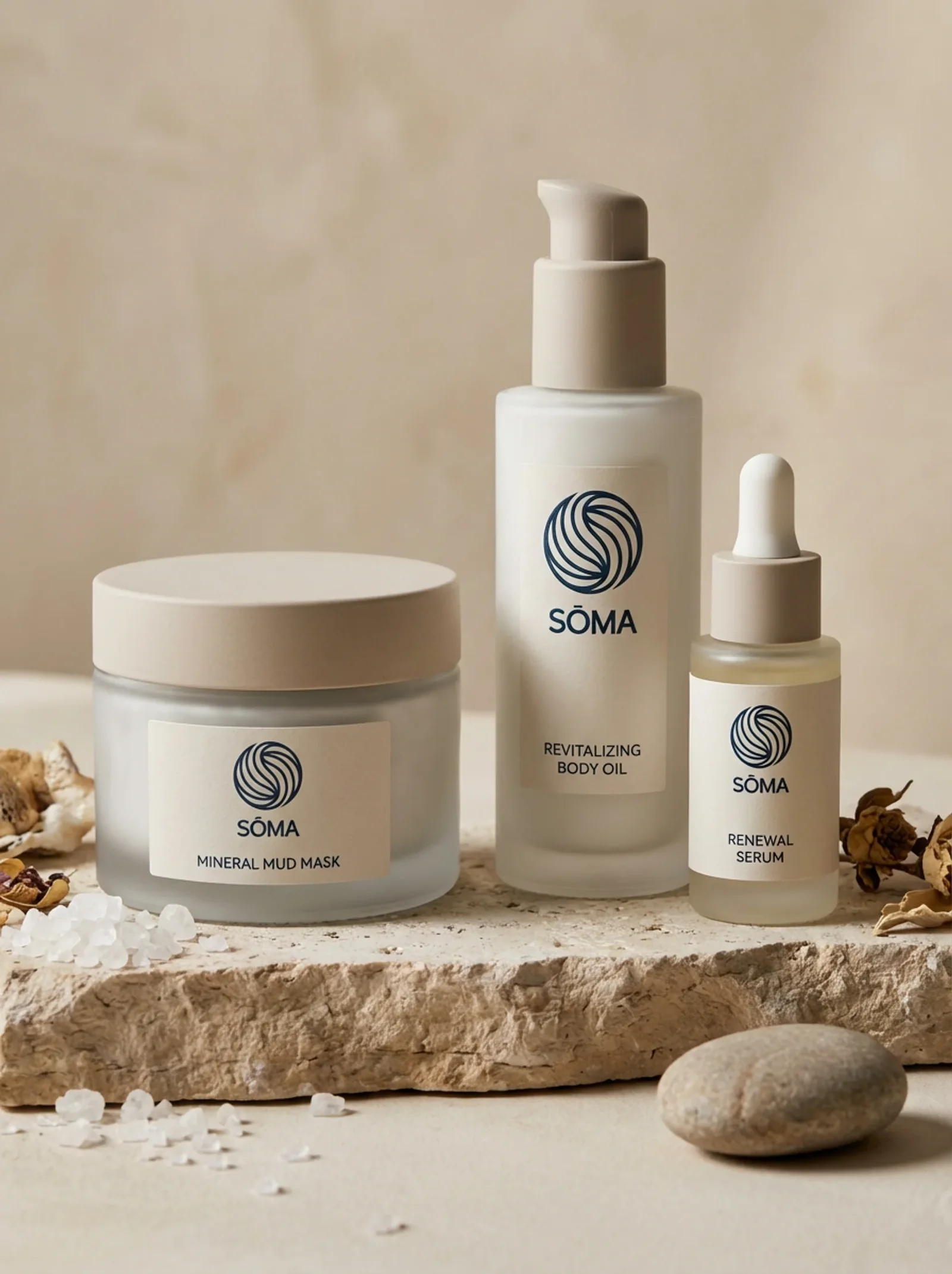 Sōma : la gamme de soins, masque, huile et sérum aux étiquettes signées bleu profond, sur une pierre