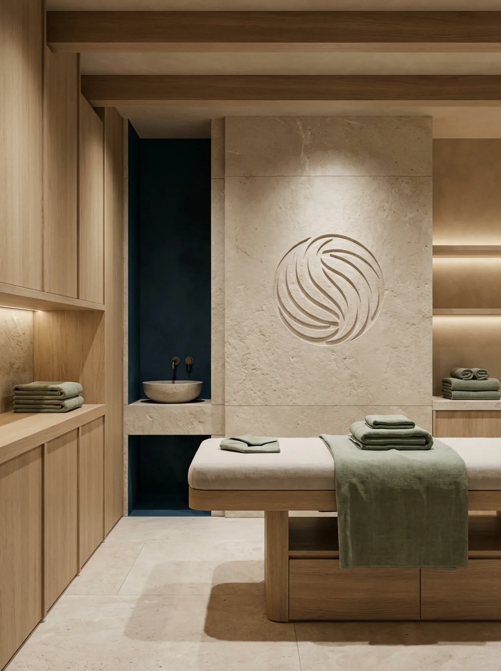 Sōma : une salle de soins, le signe gravé dans la pierre calcaire, des serviettes vert sauge et une niche bleu profond
