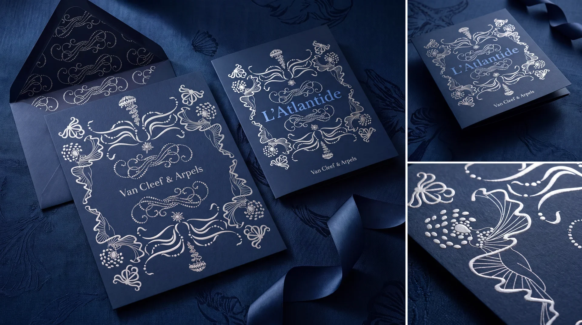 Van Cleef & Arpels, collection L'Atlantide : cartons d'invitation bleu nuit, frise et ornements argentés