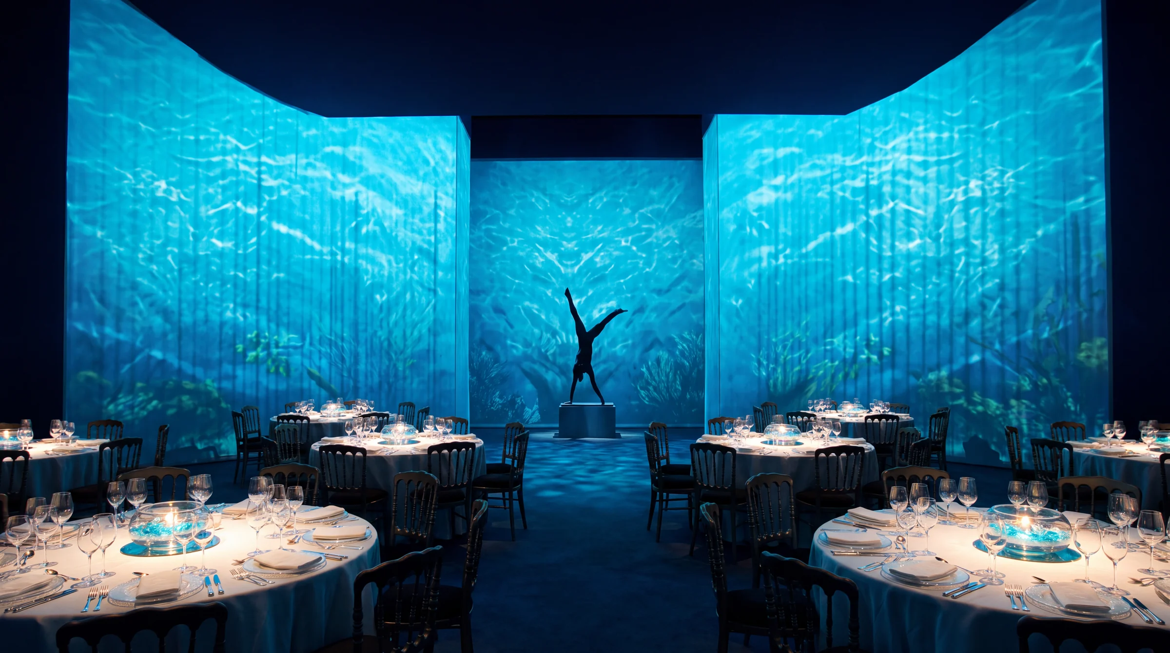 Van Cleef & Arpels, collection L'Atlantide : la salle du dîner, murs de projections sous-marines et silhouette sur socle