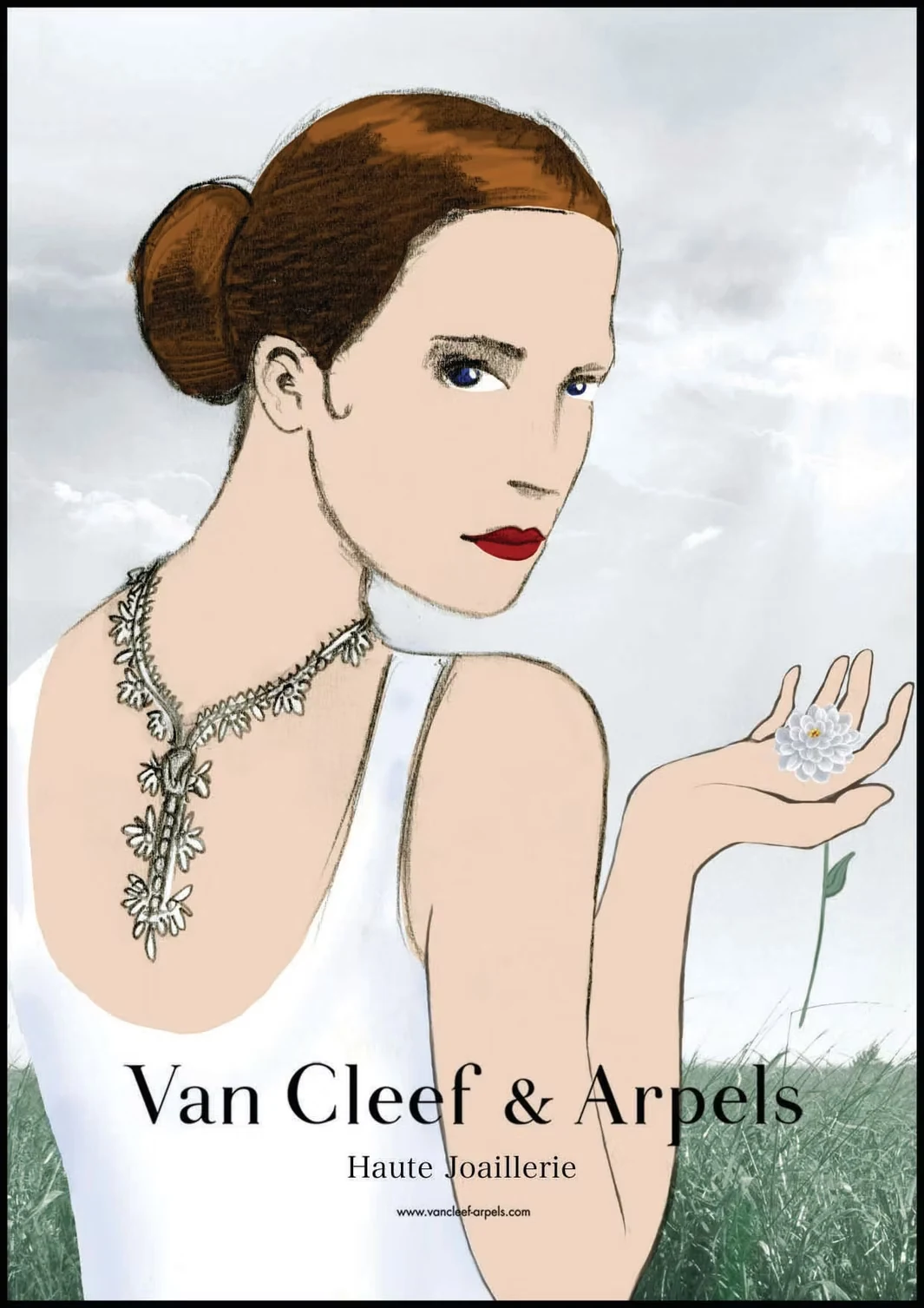Croquis de campagne : une femme de dos, chignon et collier de feuilles, une fleur blanche dans la main.