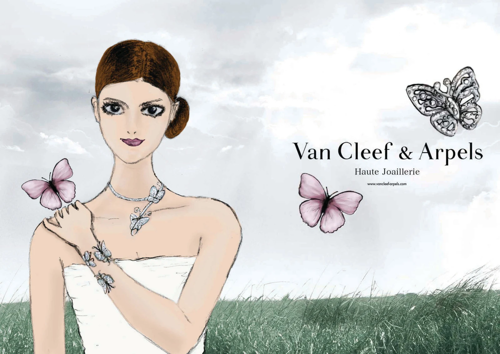 Croquis de campagne : une jeune femme en robe bustier blanche, parure et papillons de la maison, sur fond de ciel et de prairie.