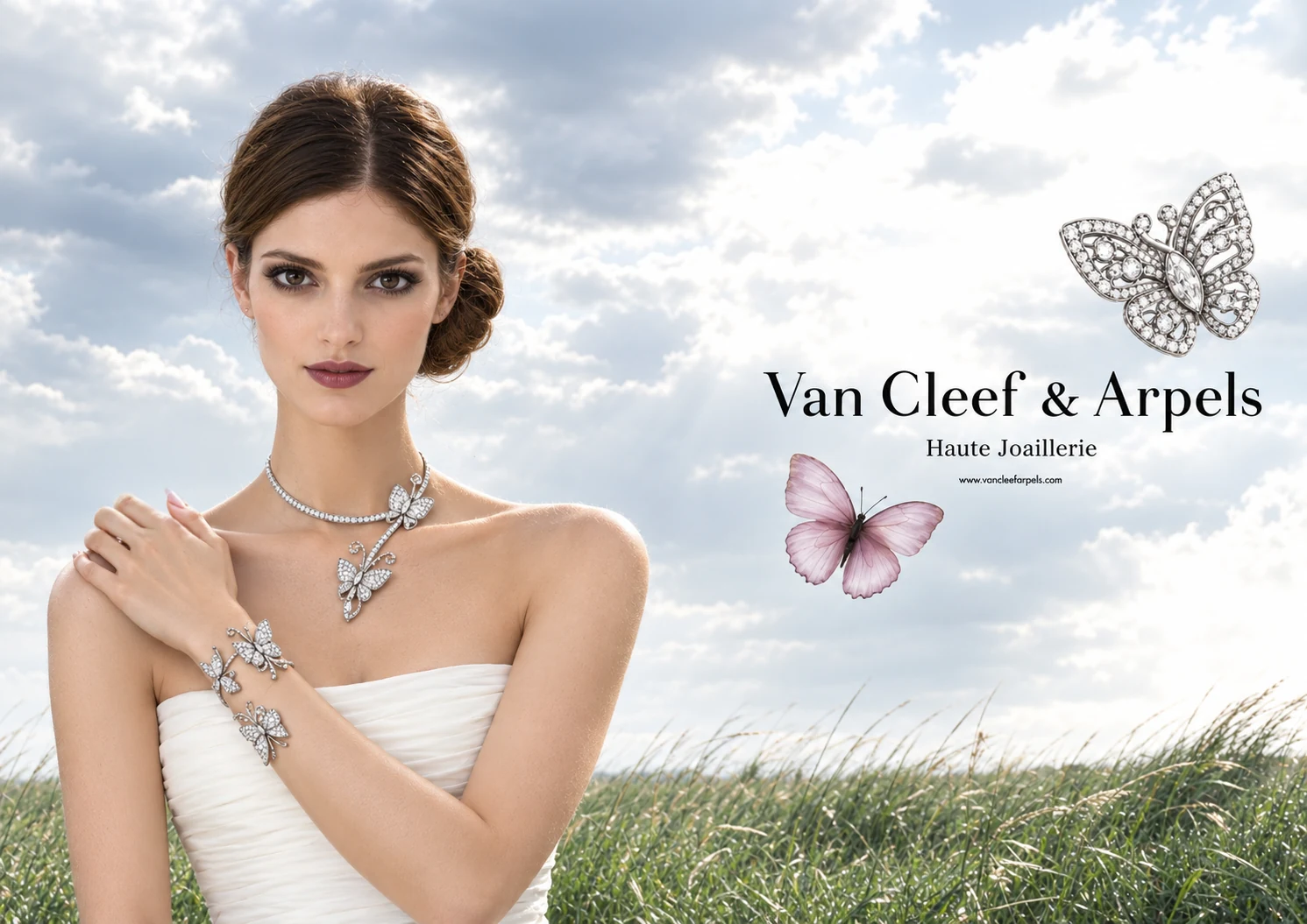 La campagne photographiée : le mannequin en robe blanche porte le collier et le bracelet papillons, sur fond de ciel et de prairie.