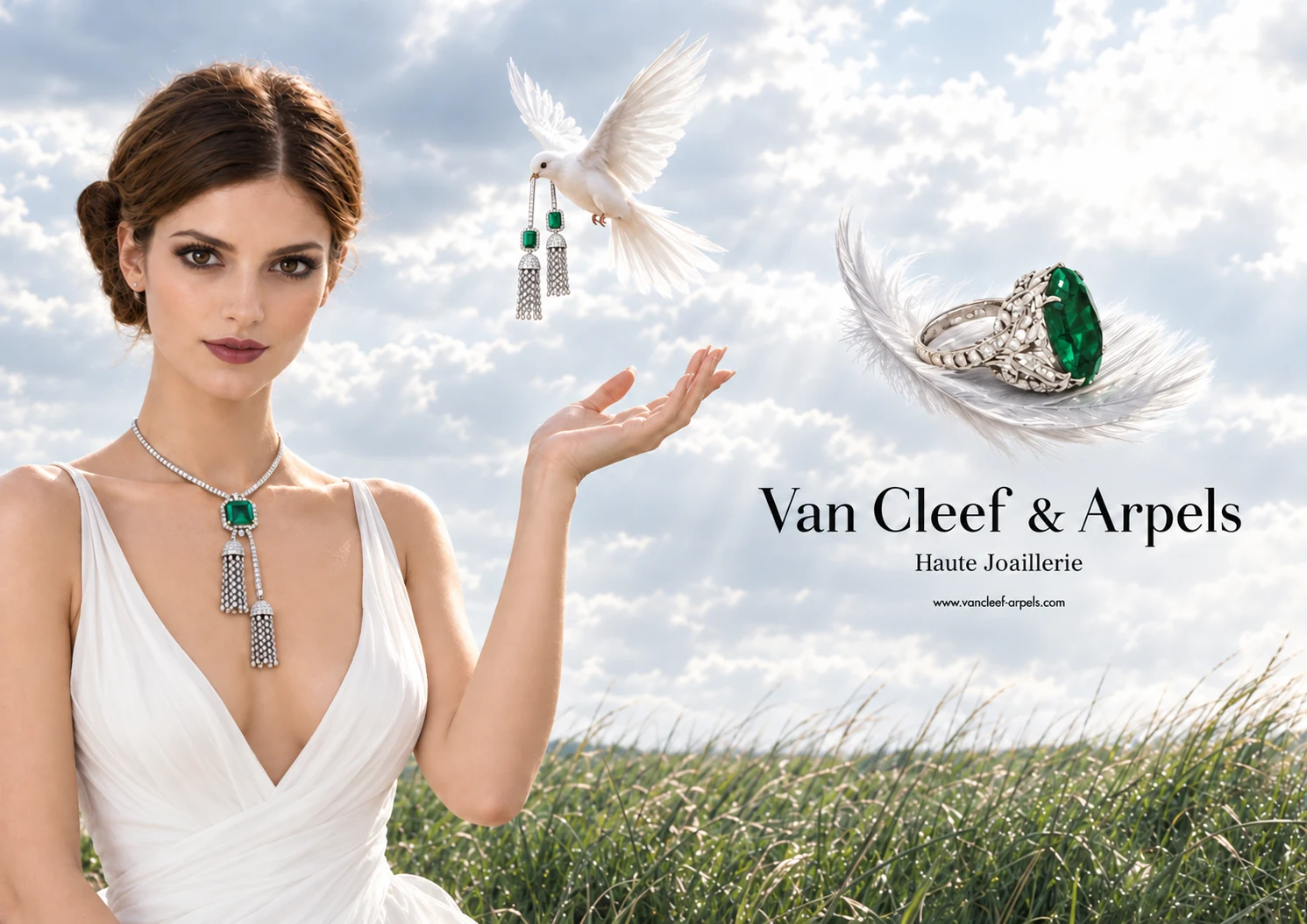 La campagne photographiée : le mannequin en robe blanche, la colombe tenant un pendant et la bague émeraude sur sa plume.