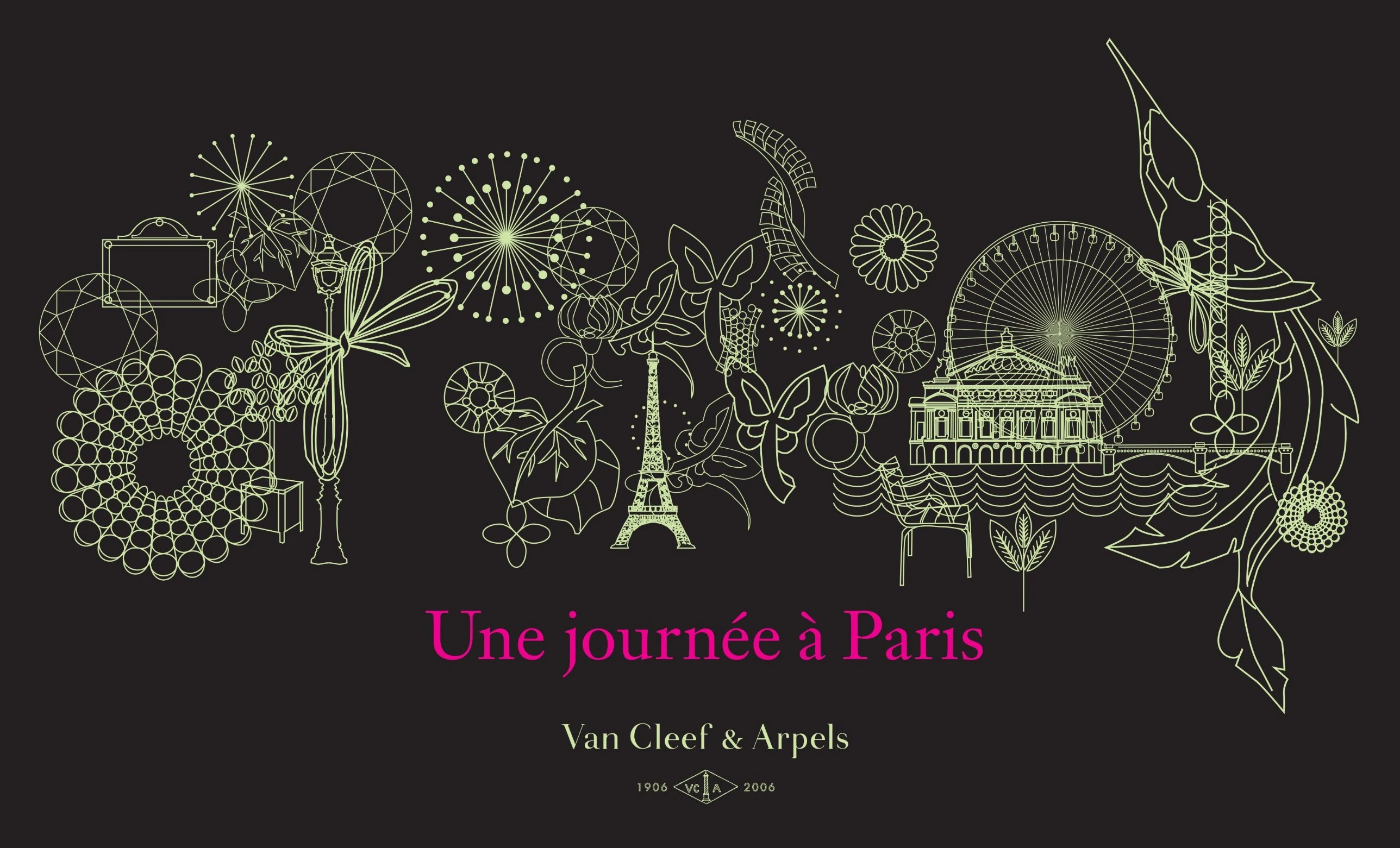 Van Cleef & Arpels, Une journée à Paris : illustration au trait vert pâle sur fond noir, tour Eiffel, grande roue, Opéra, fleurs et pierres, titre en rose