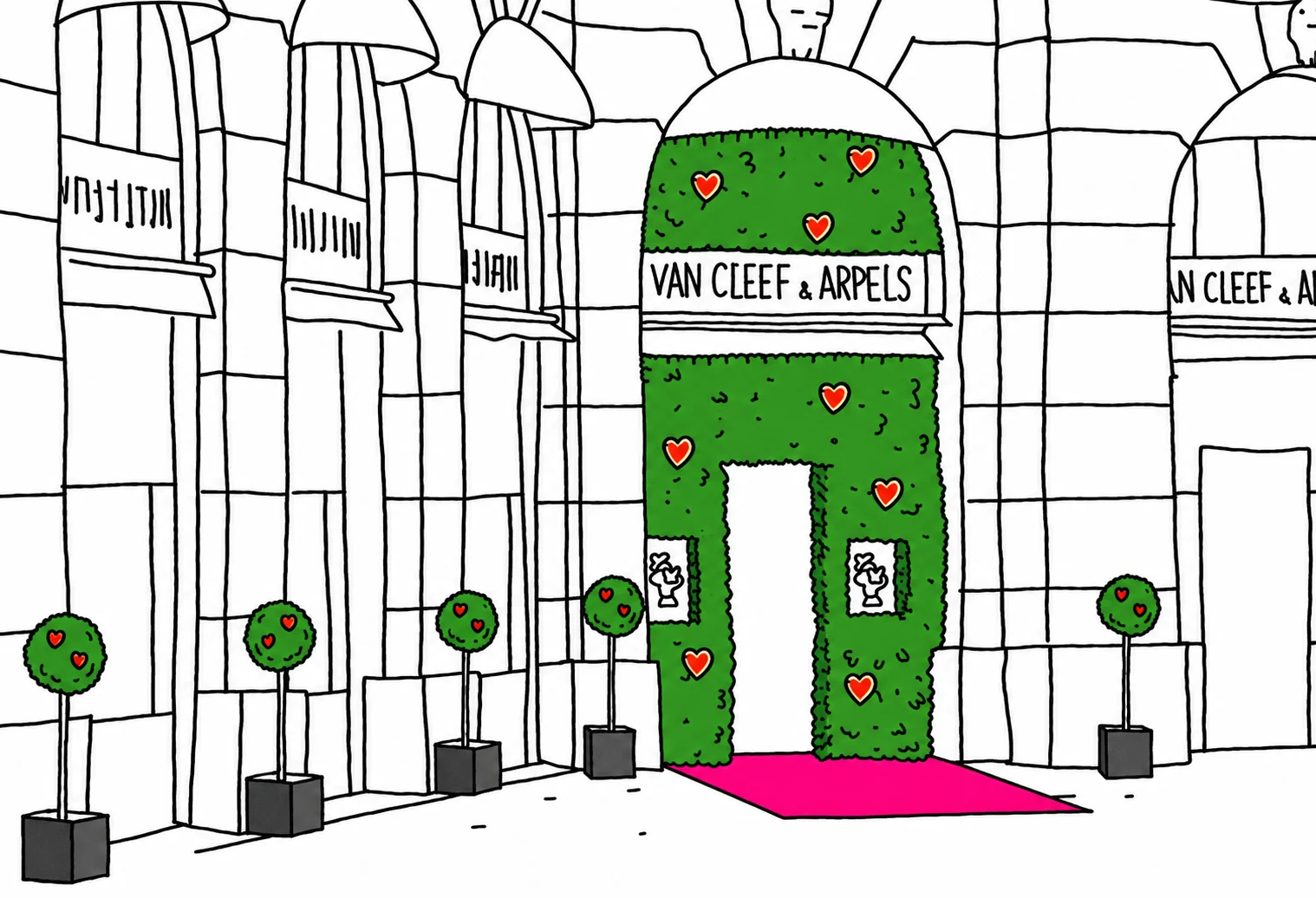 Le croquis de la boutique de la place Vendôme : l'arche de feuillage semée de cœurs, les arbres en pot et le tapis, dessinés au trait.